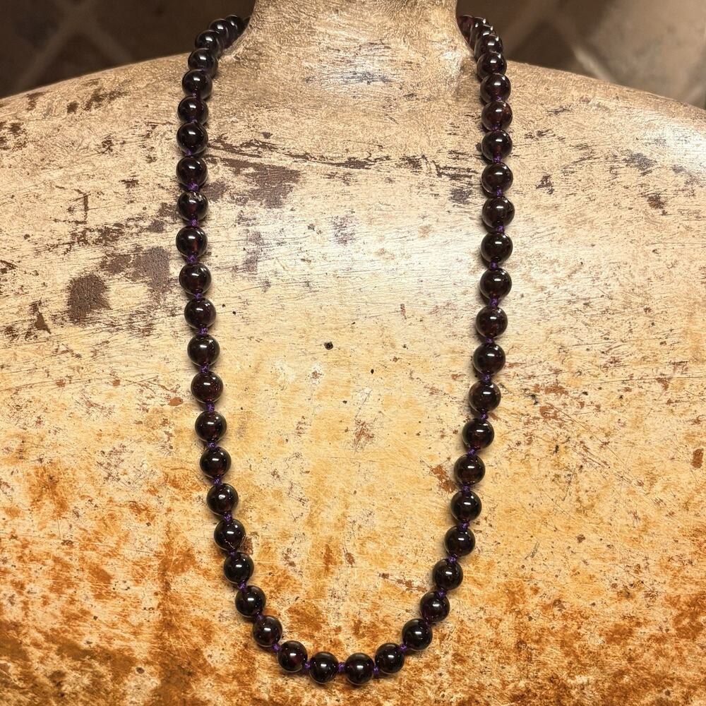 Sterling Silver and Garnet Beaded Necklace Hand Knotted 18 Inches